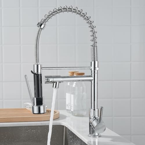 Cooltens Grifo para Fregadero de Cocina, Grifo Giratorio de Salida de Modo Dual, Grifo con Rociador de Resorte Extraíble para Mezclar Agua fría y Caliente, Profesional, Cromo