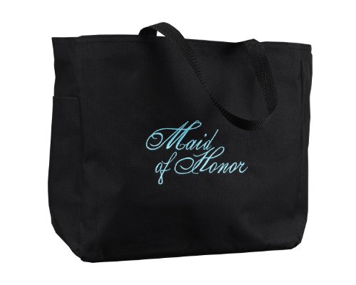 Hortense B. Hewitt Wedding Accessories Black with Aqua Bridal Party Tote Bag, Maid of Honor, 12 by 14-Inch