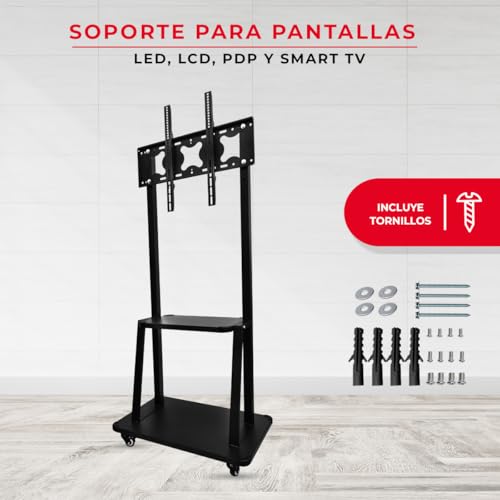 LINK BITS C3275N41 Soporte de TV móvil con Ruedas para televisores 32" a 75", Base para Pantalla de Piso, Giratorio con Dos repisas para monitores de hasta 75kg y VESA de hasta 600x400mm.