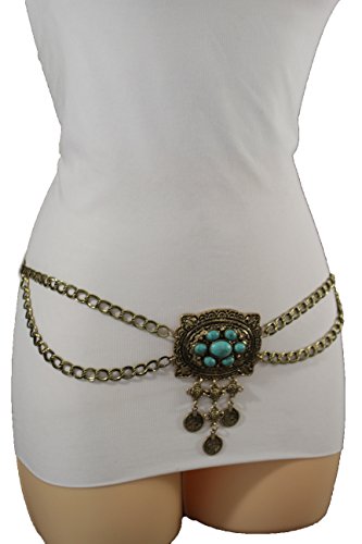 TFJ Women Fashion Metal Chain Belt Hip Waist Turquoise Blue Coins Gold Plus M L XL