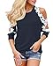 StyleDome Women's Casual Long Sleeve Lace Shirt Cold Shoulder Tops Basic Tee Crochet Blouses 3-Navy L