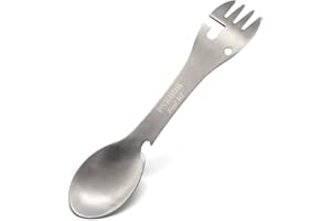 PSKOOK 5-in-1 Utility Tactical Spork, Stainless Steel Spoon & Bottle Opener, Fork & Knife, Can Opener Combo Camping Utensil for Hiking, Camping or Backpacking (Matte Silver)