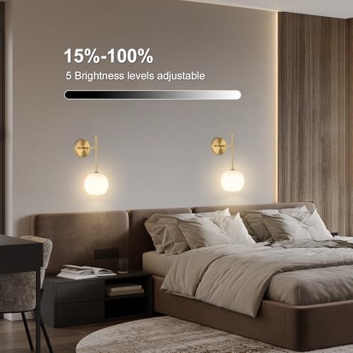 Juego de 2 Apliques de Pared LED Inalámbricos Dorados, Lámparas de Pared Recargables a Batería con Vidrio Esmerilado Blanco Opal, 12 RGB y 3 CCT Regulables, Control Remoto para Dormitorio y Salón