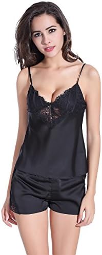 Solid Satin Chiffon Women Pajama Sets Microfiber Polyester Lace Sleepwear with Sexy Short Pants (M, Black)