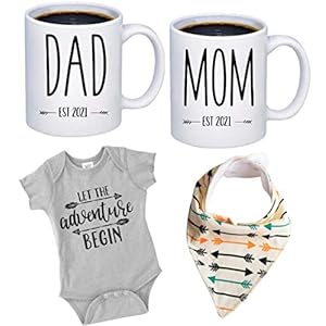 Pregnancy Gift Est 2022 – New Mommy and Daddy Est 2022 11 oz Mug Mom Dad Set with”Let Adventure Begin” Romper (0-3 Months) – Top Mom and Dad Gift Set for New and Expecting Parents to Be – Baby Shower