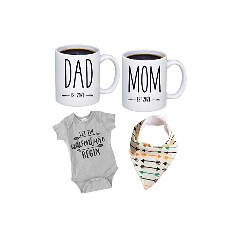 Pregnancy Gift Est 2022 – New Mommy and Daddy Est 2022 11 oz Mug Mom Dad Set with”Let Adventure Begin” Romper (0-3 Months) – Top Mom and Dad Gift Set for New and Expecting Parents to Be – Baby Shower