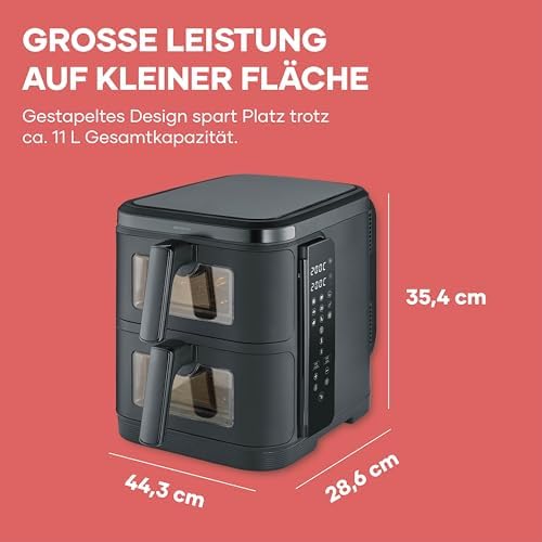 Duo Stack Heißluftfritteuse, 2 x 5,5 L Garraum, 2 Kammern, gesundes Kochen, 9 Automatik-Programme, Fritteuse ohne Fett, platzsparendes Design, doppelstöckig, S-Fry, 2800 W, schwarz, FR 9598