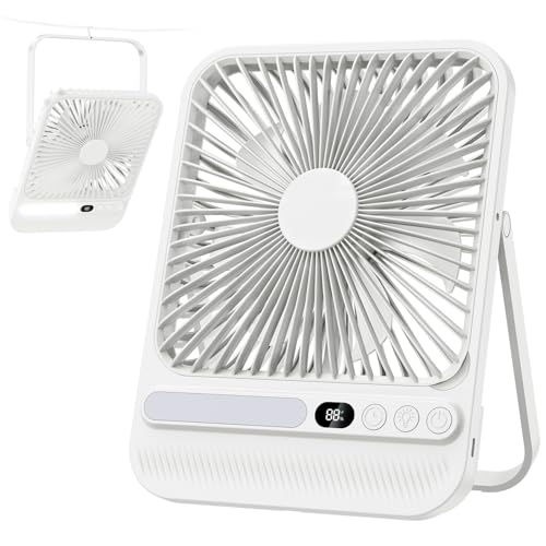 Nuerst 8000mAh Portable Travel Fan 7 inch, Max 28H Runtime, Rechargeable Battery Powered Desk Fan with LED Lantern, 180° Rotate Ultra-thin Silent USB Fan for Camping Bedroom Cruise RV (White)