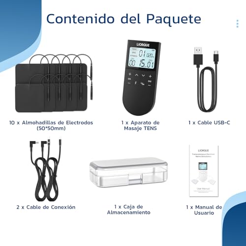 LIORQUE Muscle Electrostimulator, TENS/EMS/FITNESS Electrostimulator 3 in 1, 50 Modes, 10 Pcs TENS Electrodes, 16 Intensity Levels for Pain Relief (Black)