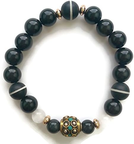 14k Gold Spacer 10mm Black Ice Obsidian Labradorite Dzi Bead and Neal Bead Minimal Meditation Yoga Wrist Mala Stretch Bracelet | Root Chakra (Small 6.25inches)
