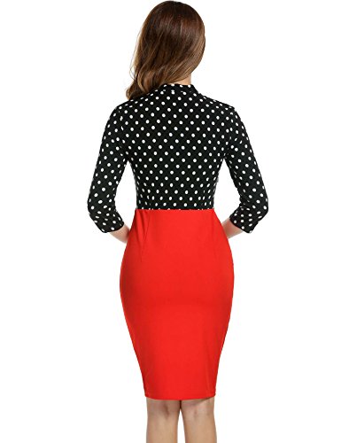 Dot Patchwork Package Hip Slim Party Pencil Dress เดรส แฟชั่นชุดทำงาน ANGVNS ผู้หญิง 3/4 Sleeve V-Neck