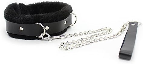 Adjustable Black Fur-lined Genunie Leather Collar and Leash Set (Black)