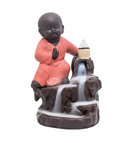CORCIO Incense Burner Backflow Tower Cones Sticks Holder Ceramic Porcelain Buddha Monk Ash Catcher-IN008Red