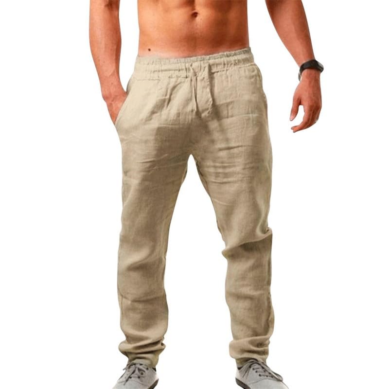 Pantalones de Lino para Hombre Pantalon Algodón Ligeros de Verano Playa Holgados Cómodos Casuales Pants con Bolsillos y Cordón