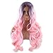 ATOZWIG Natural Fashion Long Dark Roots Ombre Light Pink Body Wave Heat Resistant Synthetic Wigs For Women Two Tone