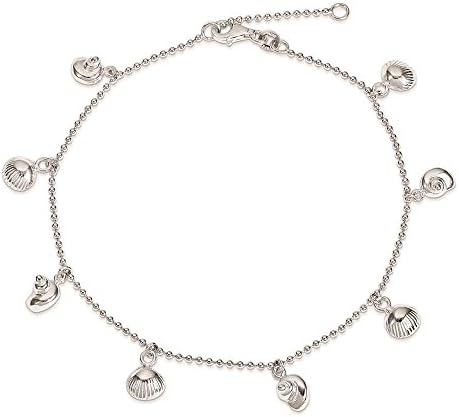 925 Sterling Silver Polished Beaded Chain w/ Sea Shell Bracelet Anklet 9" + 1" Extender