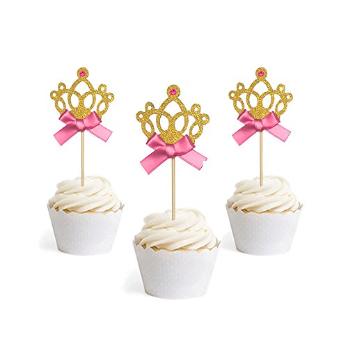 Gold Glitter Princess Crown Tiara Cake Cupcake Toppers Picks for Wedding Birthday Baby Shower Kids' Party Decorations 24 PCS
