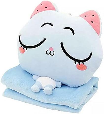 NAS AOSTAR Pillow Blanket Plush Cat Stuffed Animal Toys Throw Pillow and Blanket Set with Hand Warmer Design. (Blue)