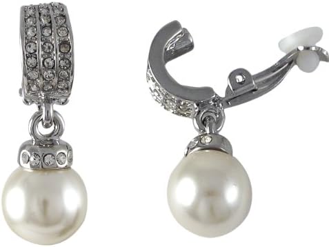 Faux Pearl Dangle Clip on Earrings on Rhodium-Tone Pave Crystal Earring Post - For Women &amp; Teen Girls