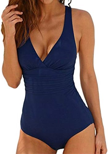 BaZhaHei Women Summer One Piece Swimsuit Soild Backless Swimwear Beachwear V Neck Bathing Suits Tummy Control Swimming Costume