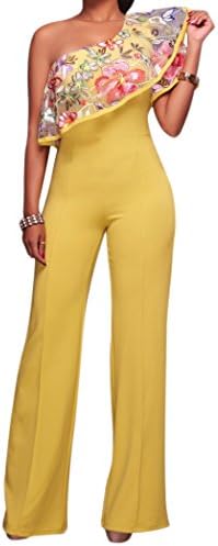 Jefferson Women's Elegant One Shoulder Ruffles Bodycon Long Pants Jumpsuits(XL, Yellow)