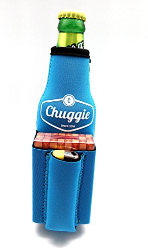 Chuggie Beer Bottle with Two Pockets - Holds Cigarette and Lighter, Phone, Keys, 3mm Neoprene (Blue)