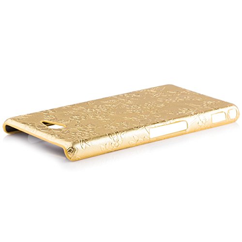 Sony Xperia M2 Aqua | iCues Chrome Flower Case Gold | [Screen Protector Included] Floral Cover Crystal Diamond Rhinestone Bling Shell Glitter Women Girl