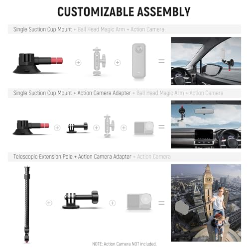 Neewer Triple Suction Cup Car Mount Kit, Carbon Fiber Camera Mount with Action Camera Adapter, NATO Rail & 24"/60cm Extension Pole Compatible with GoPro Insta360, 2.2lb/1kg Max Load, CA136
