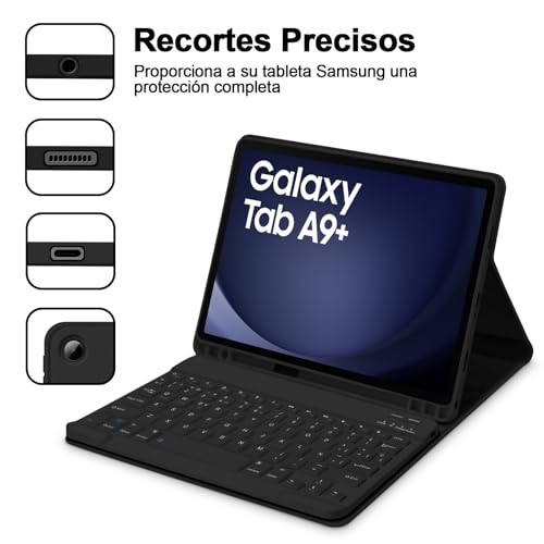 Capa com Teclado para Samsung Galaxy Tab A9+ 11" 2023, Layout em Português Brasileiro Teclado com Capa para Galaxy Tab A9+ 11 Polegadas SM-X210/X215/X216, Preto