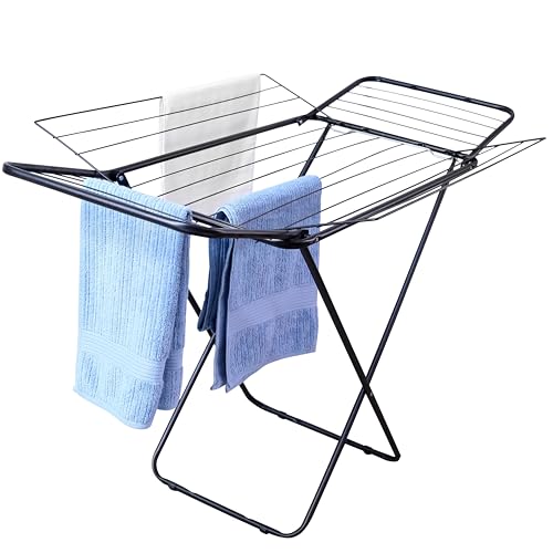 Maxeb Varal de Chão Dobrável com 4 Abas Laterais, Aço Reforçado, Pintura Epóxi Preto, Compacto, Suporta até 20 kg