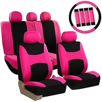 FH Group FB030PINK-COMBO Seat Cover Combo Set with Steering Wheel Cover and Seat Belt Pad (Airbag Compatible and Split Bench Pink)