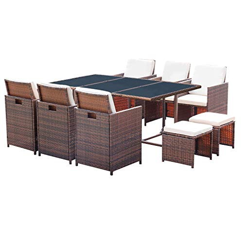 Homall-11-Pieces-Patio-Furniture-Dining-Set-Patio-Wicker-Rattan-Chair-Sets-Outdoor-Furniture-Cushioned-Tempered-Glass-WOttoman-Brown-PE-Rattan