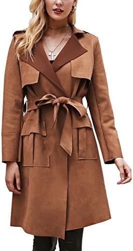 Missy Chilli Women's Elegant Lapel Suede Coat Long Jacket Belt Pocket Trench Cardigan