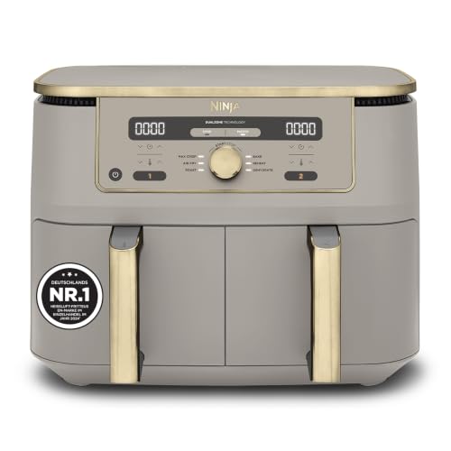 Ninja Dual Zone Digital Air Fryer, 2 Schubladen, 6-in-1, Heißluftfritteuse, 9,5L, Heißluft-Frittieren, Max Crisp, Rösten, Backen, Aufwärmen, Spülmaschinenfeste Körbe, Stone/Gold DZ400EUSTGD