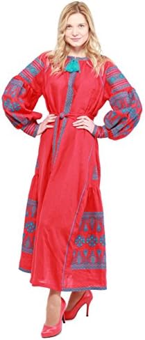 Embroidered Long Dress red woman. Vyshyvanka. Ukrainian Boho Style Dress (S, 130cm red)