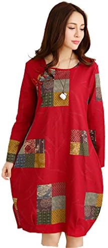 Lovely Item Women's O-neck Print Cotton Linen Loose Casual Dresses Large Red