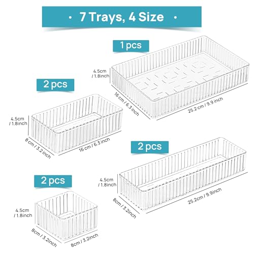 Uniiking® 7 PCS Clear Drawer Organizer Bins, 4-Size Stackable Makeup and Vanity Makeup Organizer Trays, Acrylic Bathroom Drawer Storage Containers for Cosmetic, Office Supply