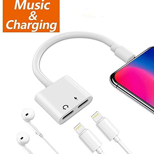 LYZZO Adapter and Splitter for iPhone 7/7 Plus/8/8 Plus/X/Xs, 2 in 1 Headphone Jack Aux Audio & Charger Adapter Cable at The Same time Data Sync Call Function (White)