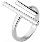 NewZenro Double T Parallel Bar Minimalist 925 Sterling Silver Engagement Open Ring Dainty Adjustable Simple Statement Finger Promise Eternity Rings Band Jewelry Gifts for Women Her
