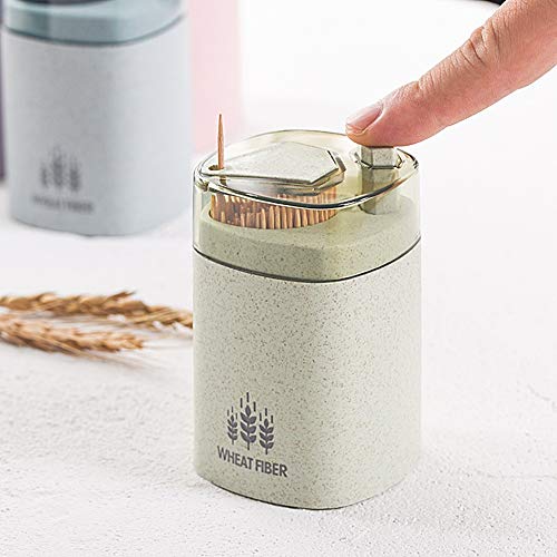 Wewin Automatic Toothpick Holder Container Wheat Straw Household Table Hand Press Toothpick Holder Storage Box Dispenser Home Decor (Green)