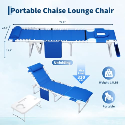 GarveeLife Tanning Chair with Face Hole, 3-in-1 Outside Beach Lounge Chair Outdoor with Folding Table, 5 Reclining Positions and Removable Pillow for Beach Pool Lawn Yard Patio, Max 330lbs (Blue)