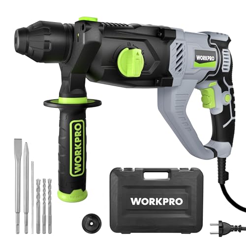 WORKPRO SDS Plus 1050W Hammer Drill with 4 Functions, Variable Speed and 360° Rotating Handle, Includes Drill Bits for Concrete, Wood and Metal