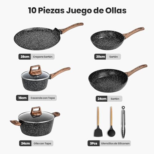 Juego de 10 Ollas y Sartenes Antiadherentes, Batería de Cocina, Juego de Utensilios de Granito, Apto para Todas las Estufas, con Sartenes y Cacerolas