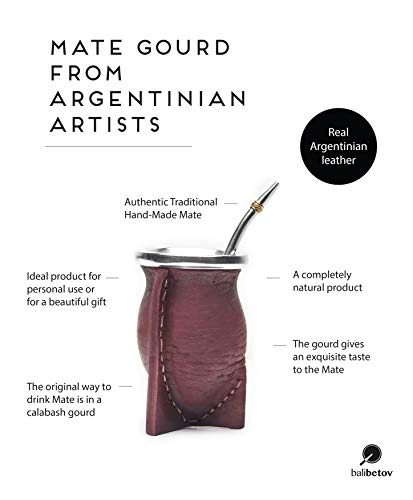 Balibetov [NEW] Leather Wrapped Handmade Yerba Mate Gourd (Mate cup) with Bombilla (Yerba Mate straw) (Bordeaux) - Thumbnail 3