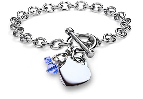 Personalized Customized Name Charm Bracelet Simulated Birthstone Crystal Heart Toggle Stainless Steel 7.5"
