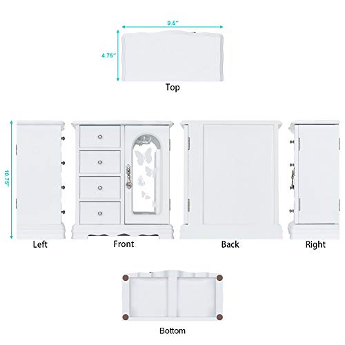 RR ROUND RICH DESIGN Jewelry Box - Made of Solid Wood with 4 Drawers Organizer and Built-in Necklace Carousel and Large Mirror White
