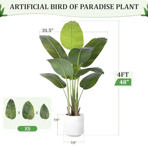 ZEEOZE Artificial Plant Bird of Paradise 120 cm Decorative Artificial Plants with 9 Banana Leaves, Large Indoor Artificial Plant with White Pot for Home Decoration Living Room Home Room Decor