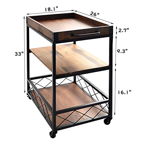 charaHOME Solid Wood Kitchen Serving Carts Rolling Bar Cart with 3 Tier Storage Shelves Kitchen Island Cart with Wine Glass Holder,Handle Racks,Lockable Caster Liquor Cart Removable Top Box Container