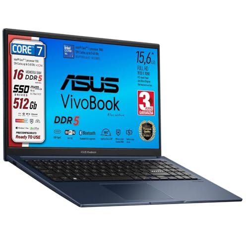 ASUS Laptop Intel i7, SSD PCI 512 Gb, 15.6 Inch Ips FHD, HDmi, Bt, Webcam, Wi-fi, 4 Usb, Bt, Italian Keyboard, ddr5 16 GB, Pre-configured, Italian Warranty 3 Years, Blue Edition