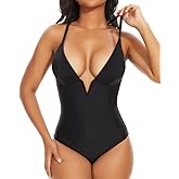 SHAPERIN Women's One Piece Swimsuit Deep V Neck Bathing Suits Tummy Control Push Up Padded Swimwear